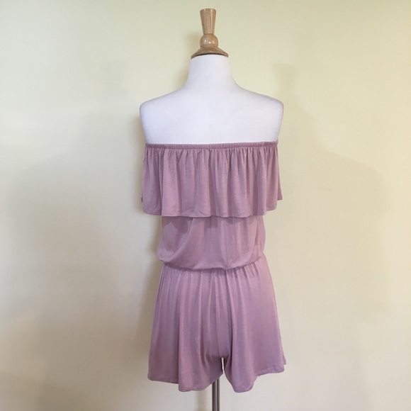 Off Shoulder Ruffled Overlay Lilac Jersey Romper - Picture 7 of 8